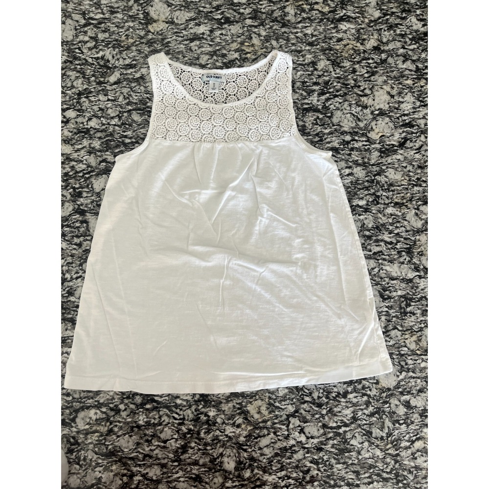Old Navy Crochet Yoke Tank Top Womens XS White Round Neck Pleated Casual Wear